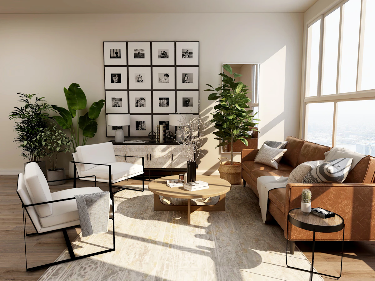 Warm neutral living room with natural textures
